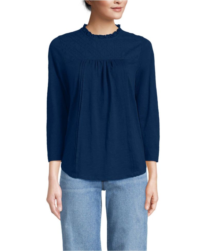 Women's 3/4 Sleeve Cotton Slub Lace Trim Top