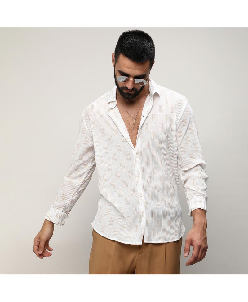 Men's Chalk White Foil-Pleated Shirt