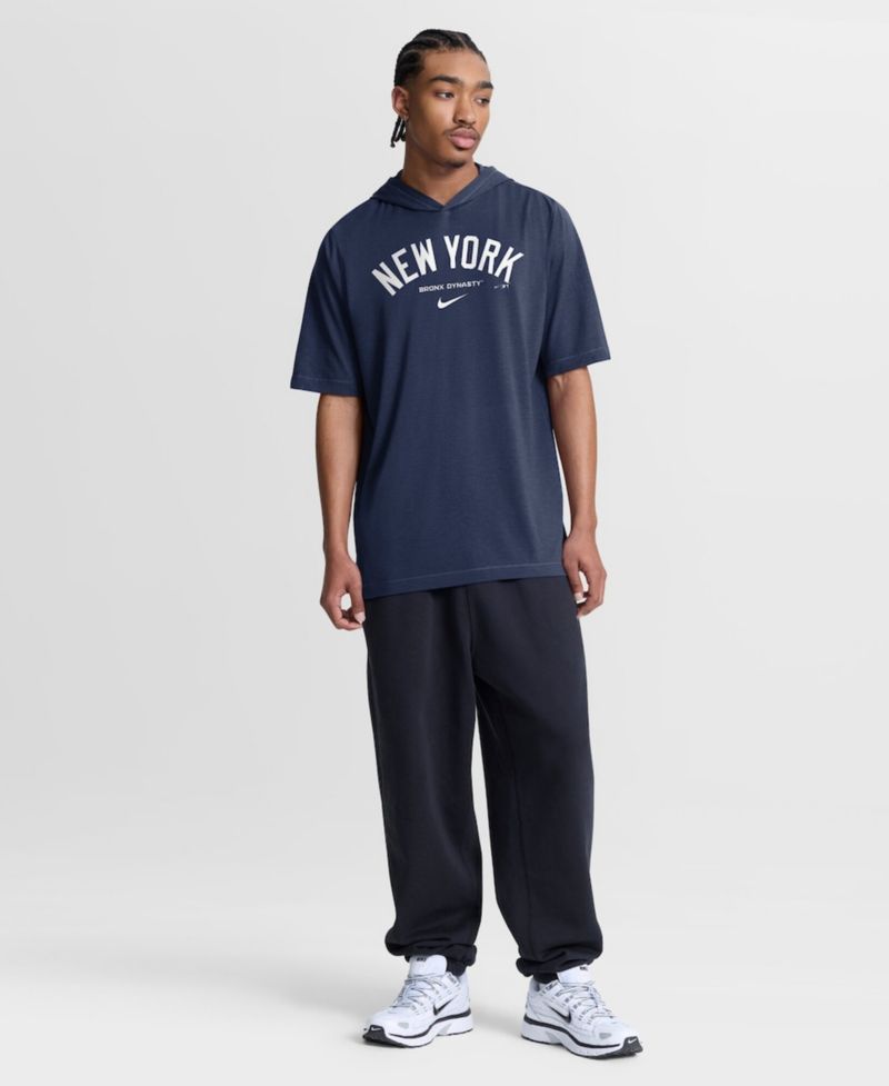 Men's Navy New York Yankees Arched Wordmark Tri-Blend Hooded T-Shirt