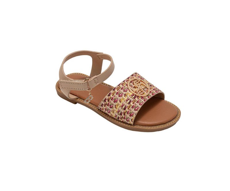 Girls Girl's Fashion Sandals - Dressy Shoes with Raffia Upper and Logo Medallion Accent