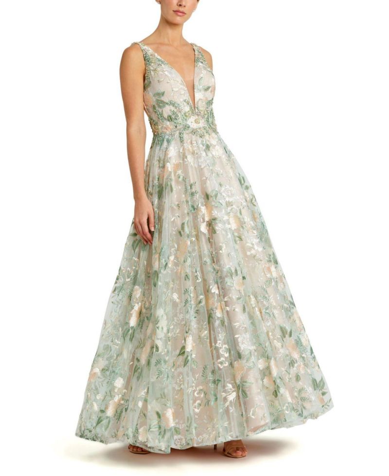 Women's Floral Embroidered Illusion V-Neck Gown