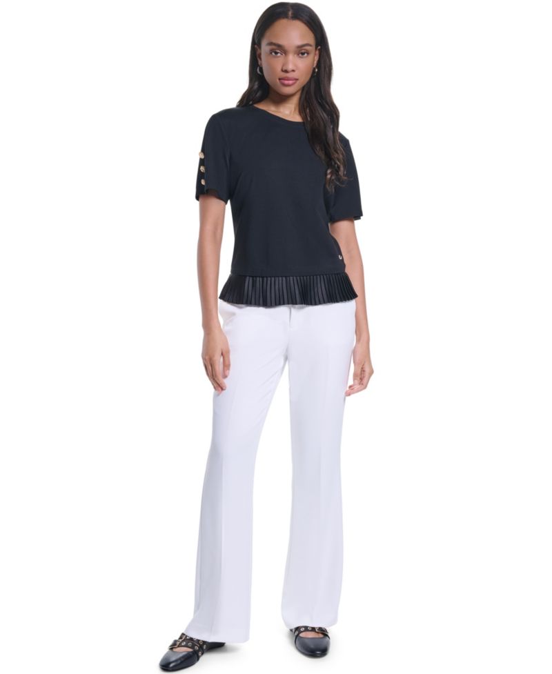 Women's Crewneck Short-Sleeve Pleated-Hem Blouse