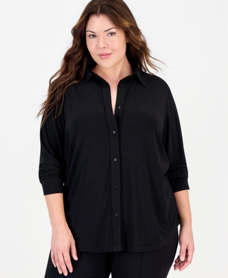 Plus Size Long-Sleeve Button-Up Blouse