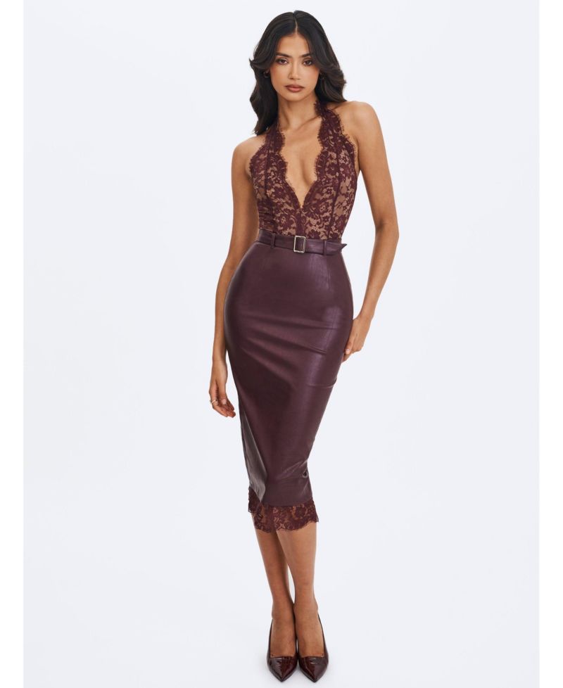 Women's Fiera Mahogany Plunging Halter Belted Midi Dress