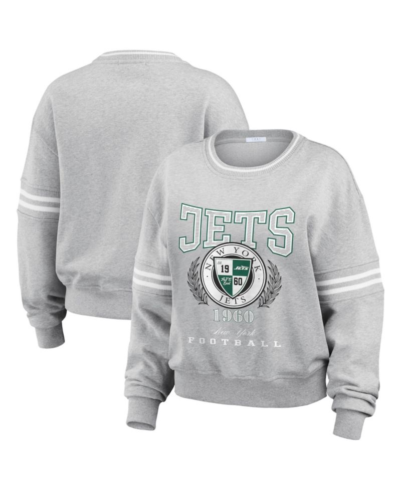 Women's Heather Gray New York Jets Crest Cropped Pullover Sweatshirt