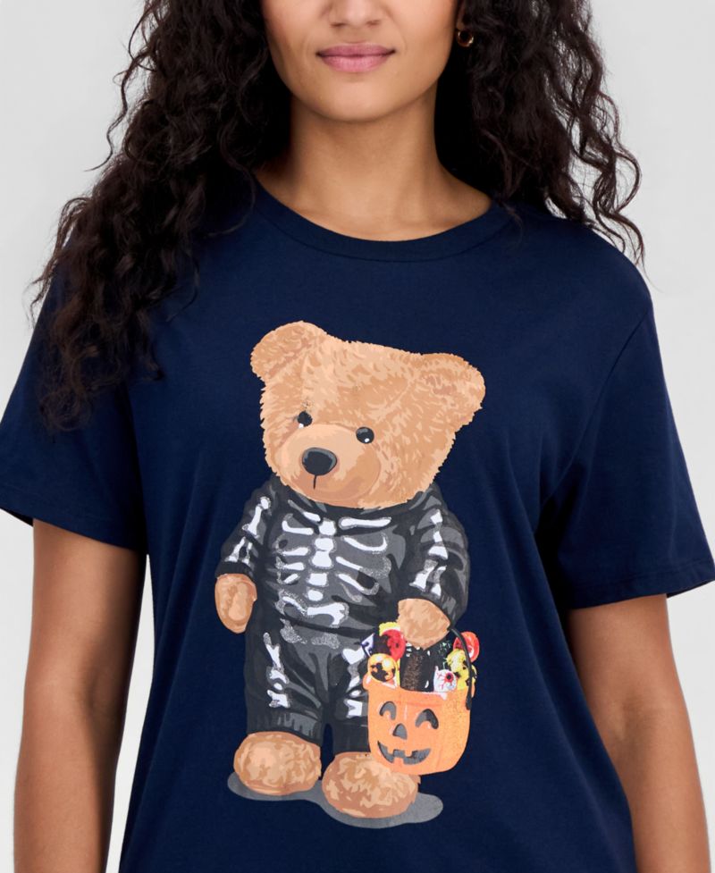 Juniors' Skeleton Bear Graphic-Print T-Shirt