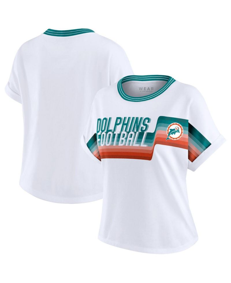 Women's White Miami Dolphins Cropped Center Stripe Dolman T-Shirt