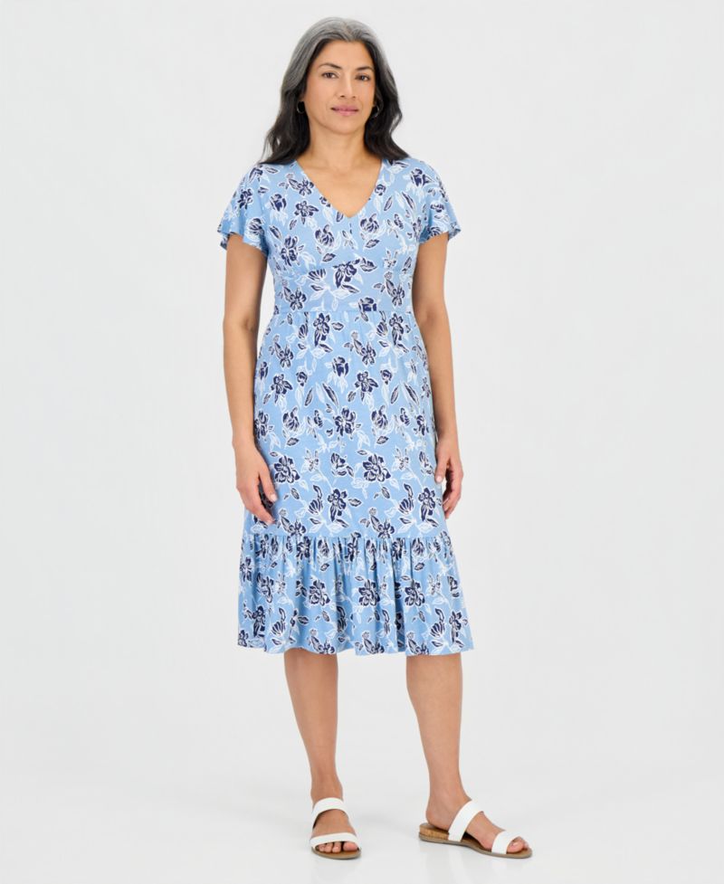 Petite Printed Knit V-Neck Midi Dress