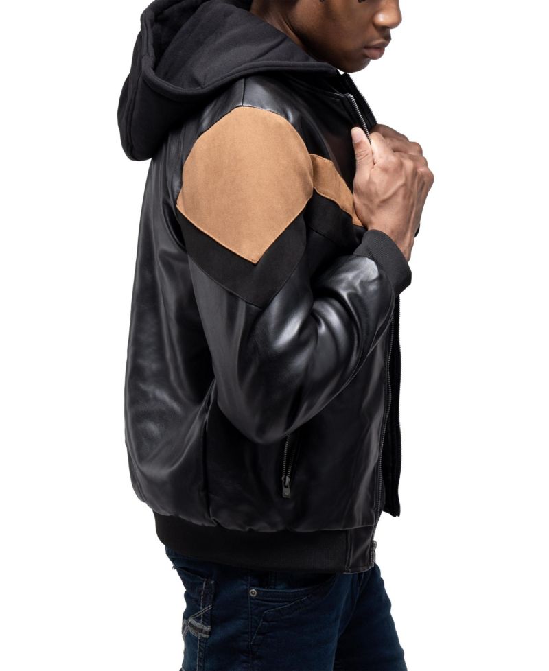XRAY Men's Shiny PU Hooded Jacket With Faux Suede Detailing And Faux Shearling Lining