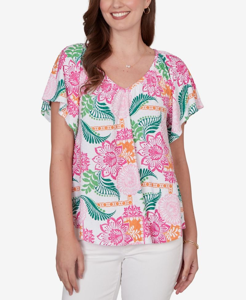 Petite Tropical Floral Eyelet Flutter Sleeve T-Shirt