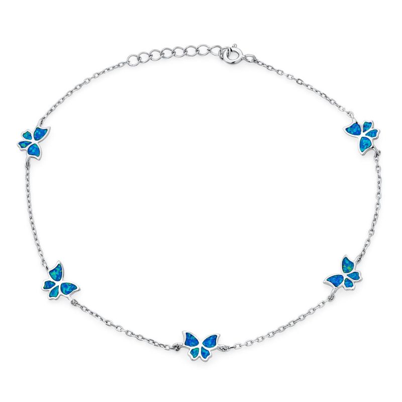 Created Blue Opal Butterfly Charm Anklet Ankle Bracelet Sterling Silver
