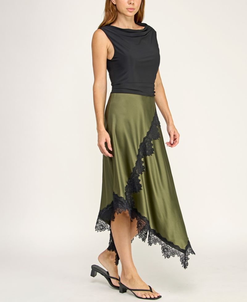 Juniors' Cowl Neck Assymetric Lace Trim Satin Skirt Midi Dress