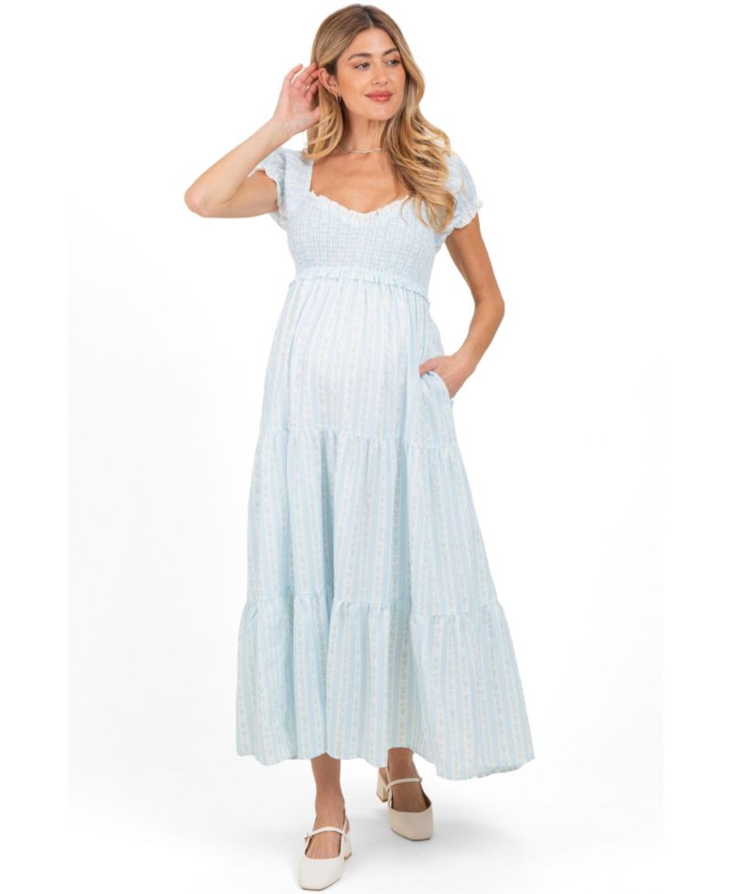 Women's Light Blue Floral Lace Trim Tiered Maxi Dress