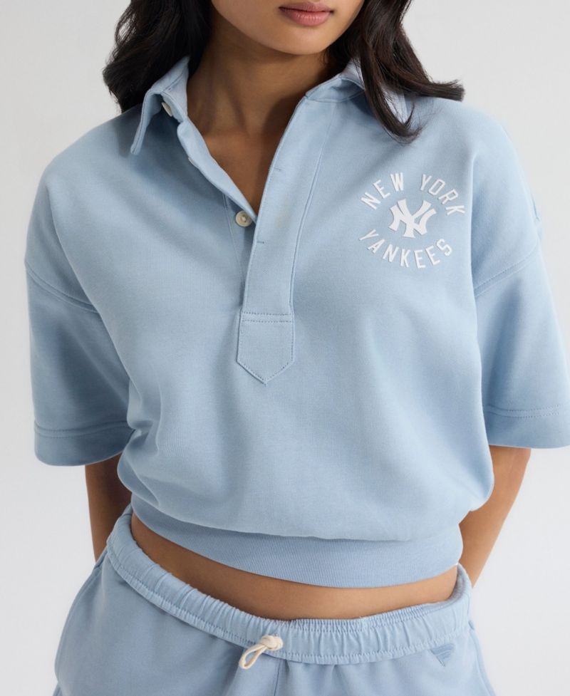 Women's New York Yankees Iconic Cropped Short Sleeve Polo Sweatshirt