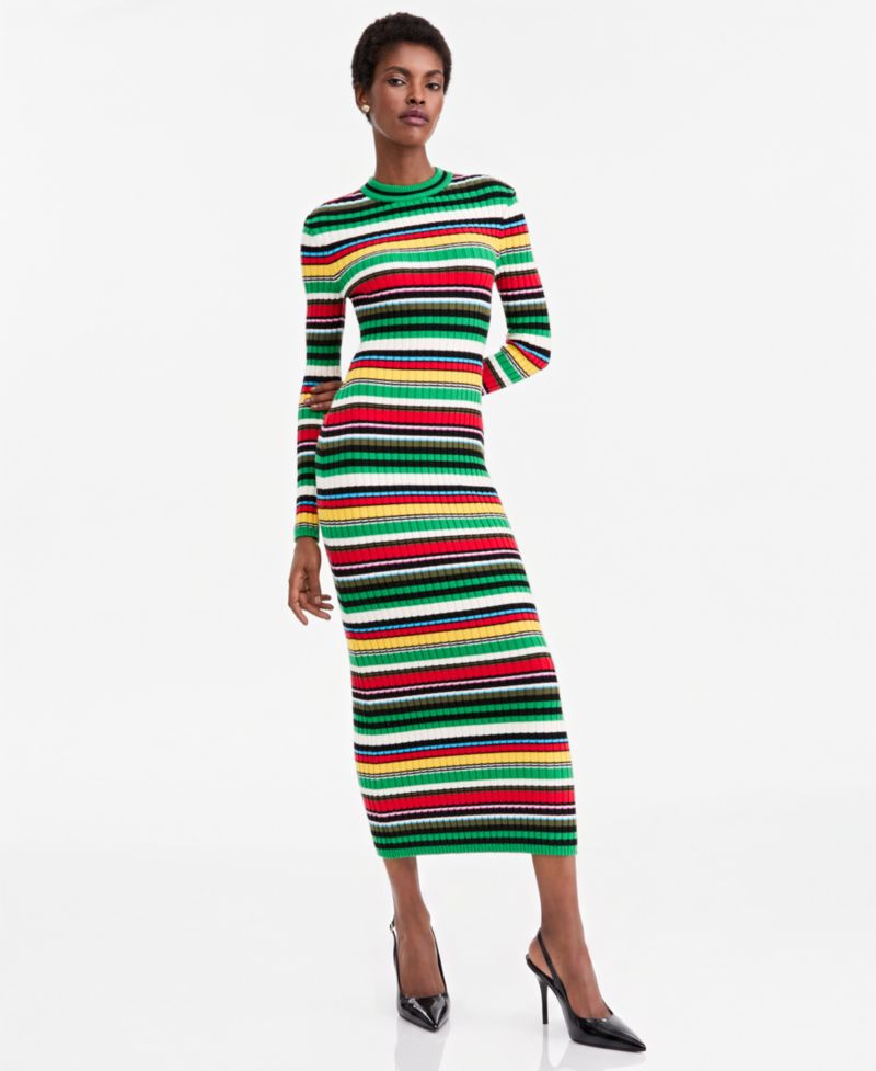 Women's Long-Sleeve Ribbed Striped Sweater Dress