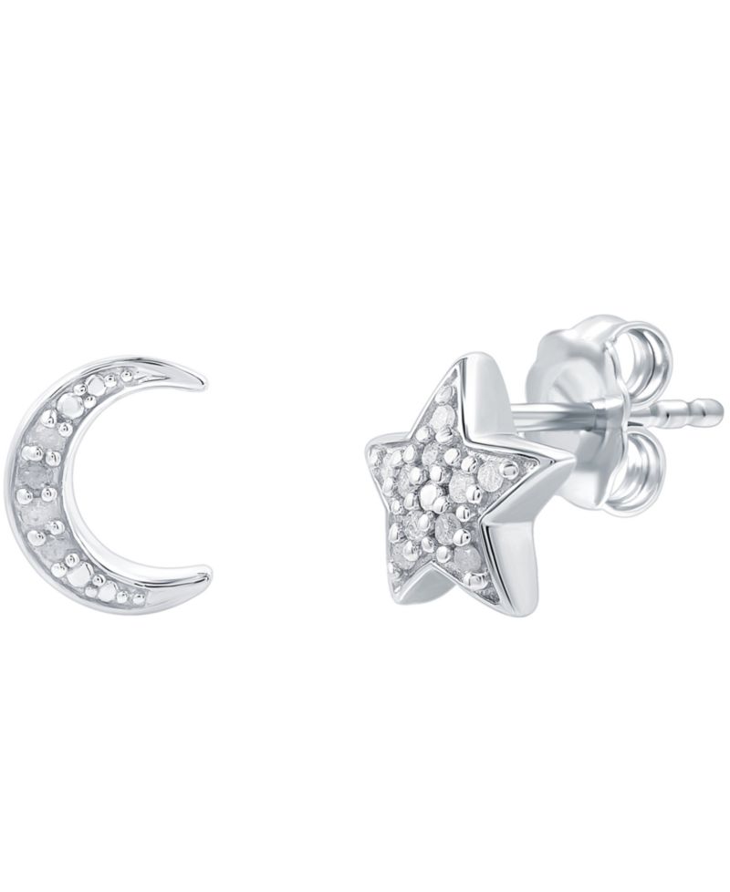 Diamond Moon & Star Stud Earrings (1/10 ct. t.w.) in Sterling Silver