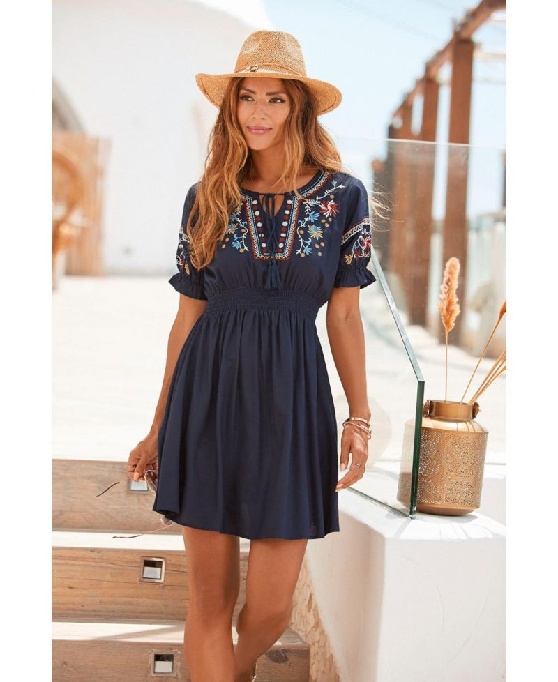 Women's Viscose Embroidered Short A-Line Elastic-Waist Short Dress