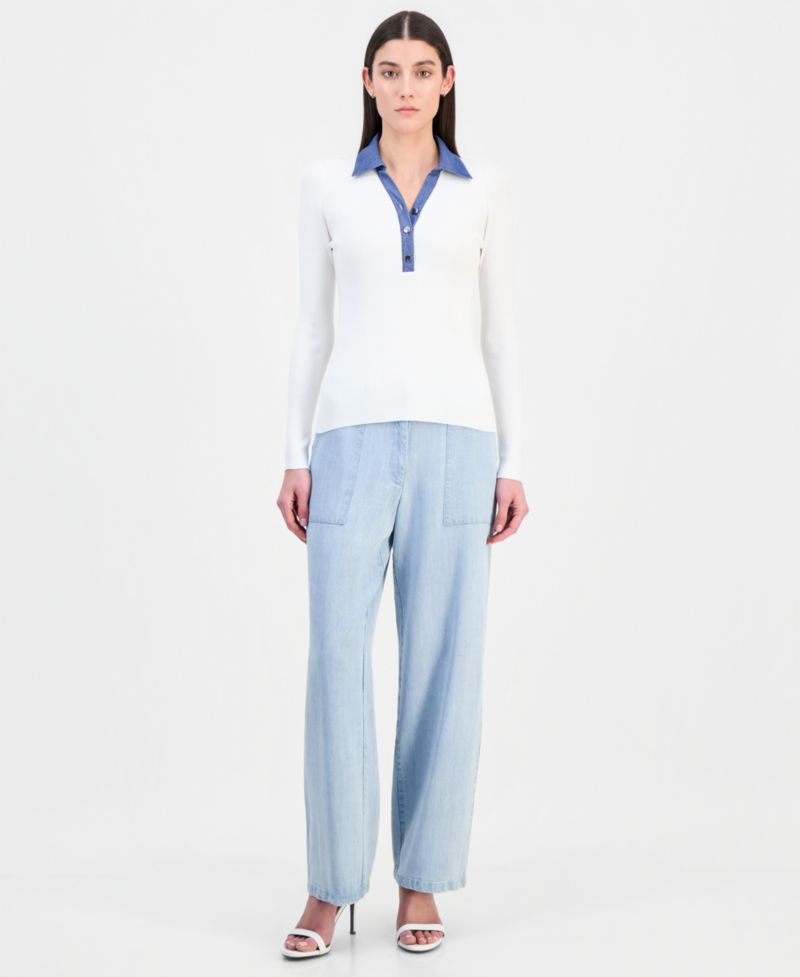 Women's Contrast Collared Ribbed Knit Sweater