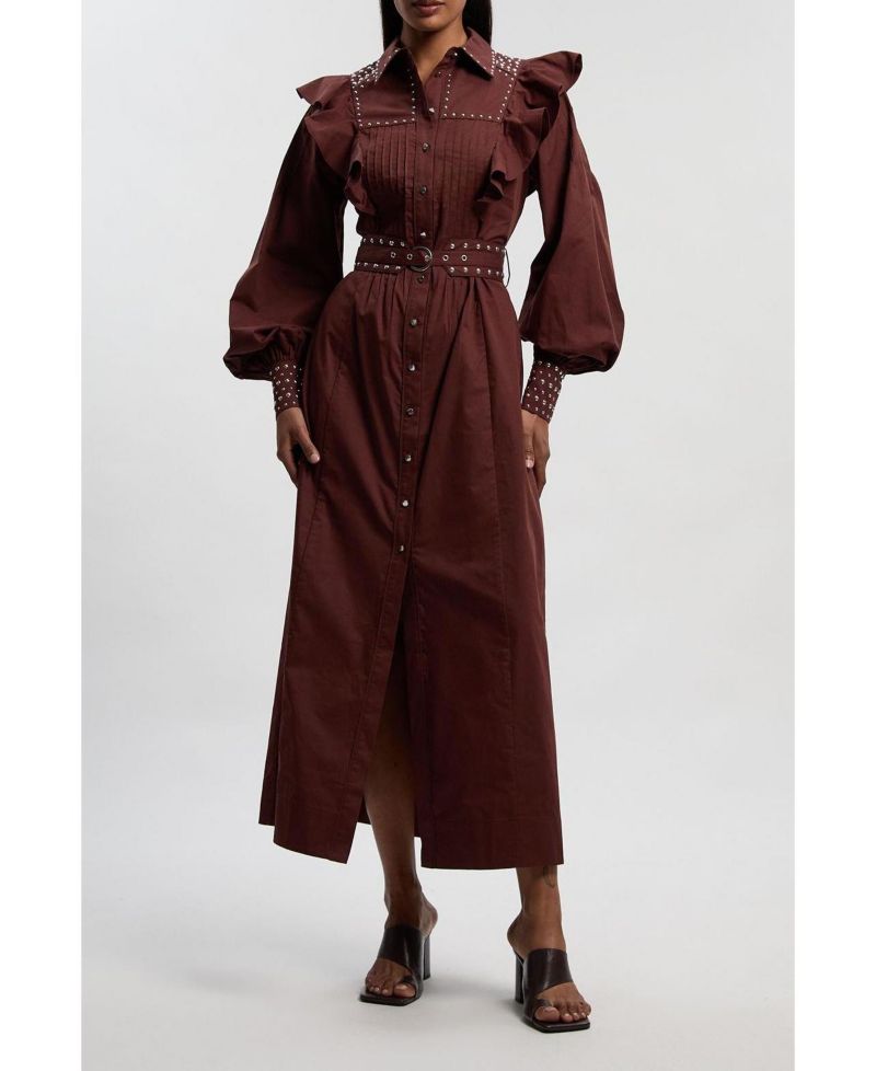 Women's Cotton Studded Maxi Shirt Dress