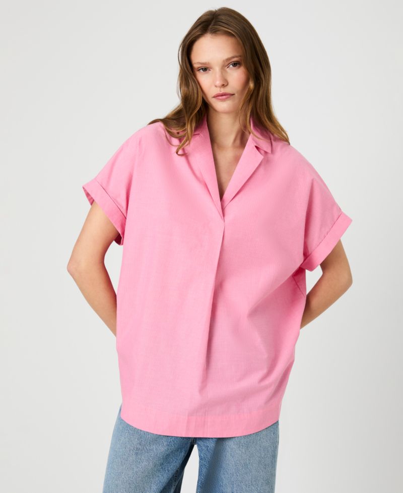 Women's Rhodes Poplin Ticking Striped Popover V-Neck Shirt