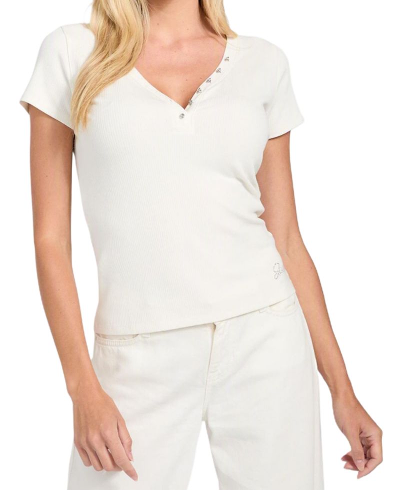 Women's Short Sleeve Kyla Rib Henley V-Neck Top
