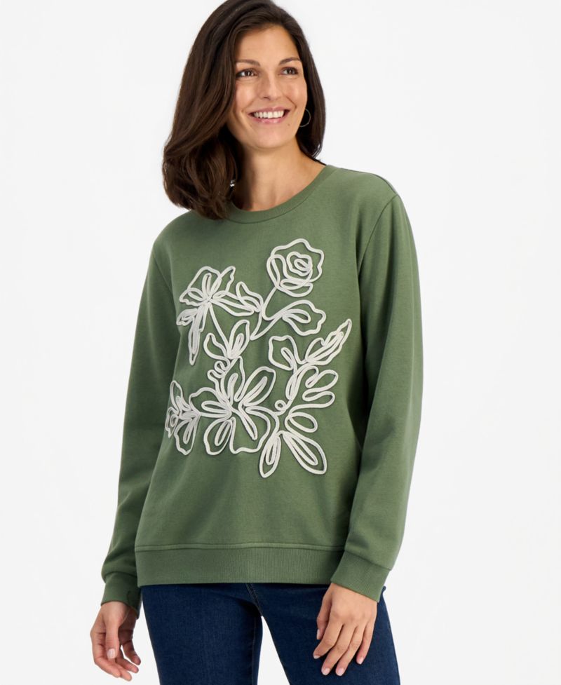 Petite Soutache-Trim Crewneck Fleece Sweatshirt