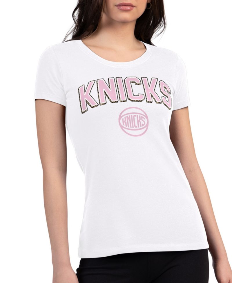 Women's White New York Knicks Pink Leopard Super-Slim Lightweight T-Shirt