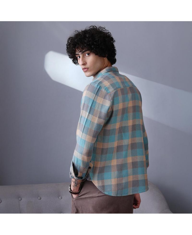 Men's Sky Blue & Ecru Beige Block-Buffalo Regular Shirt