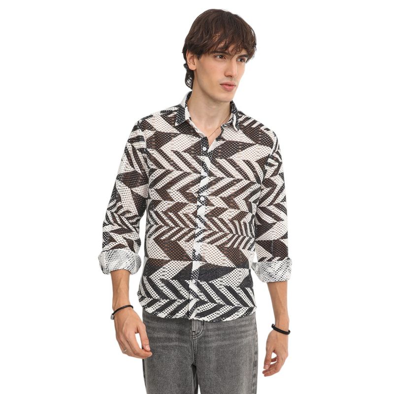 Men's Taupe Brown & Cream White Chevron-Knit Shirt