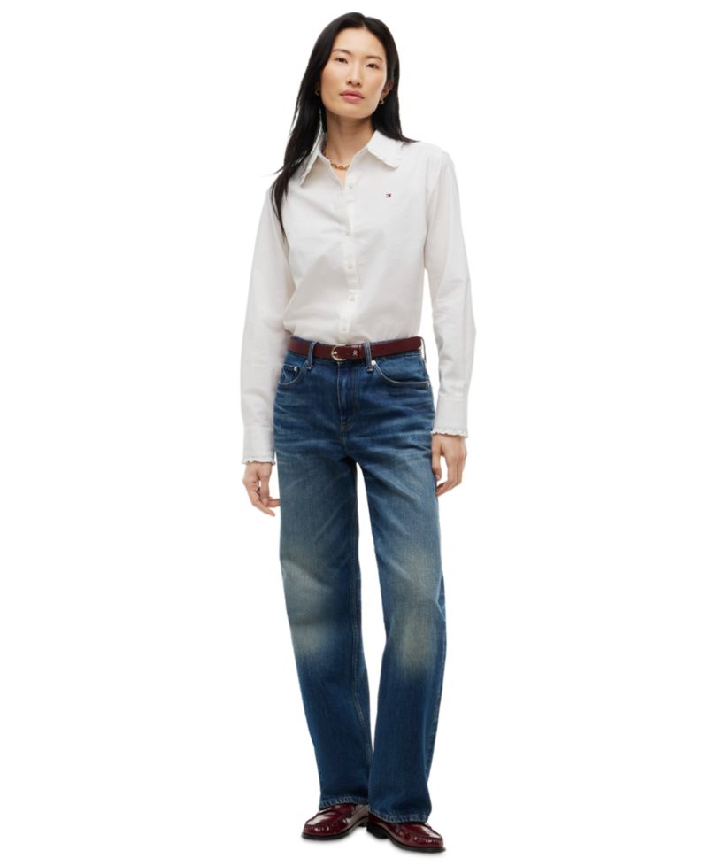 Women's Cropped Frill Detail Long-Sleeve Shirt