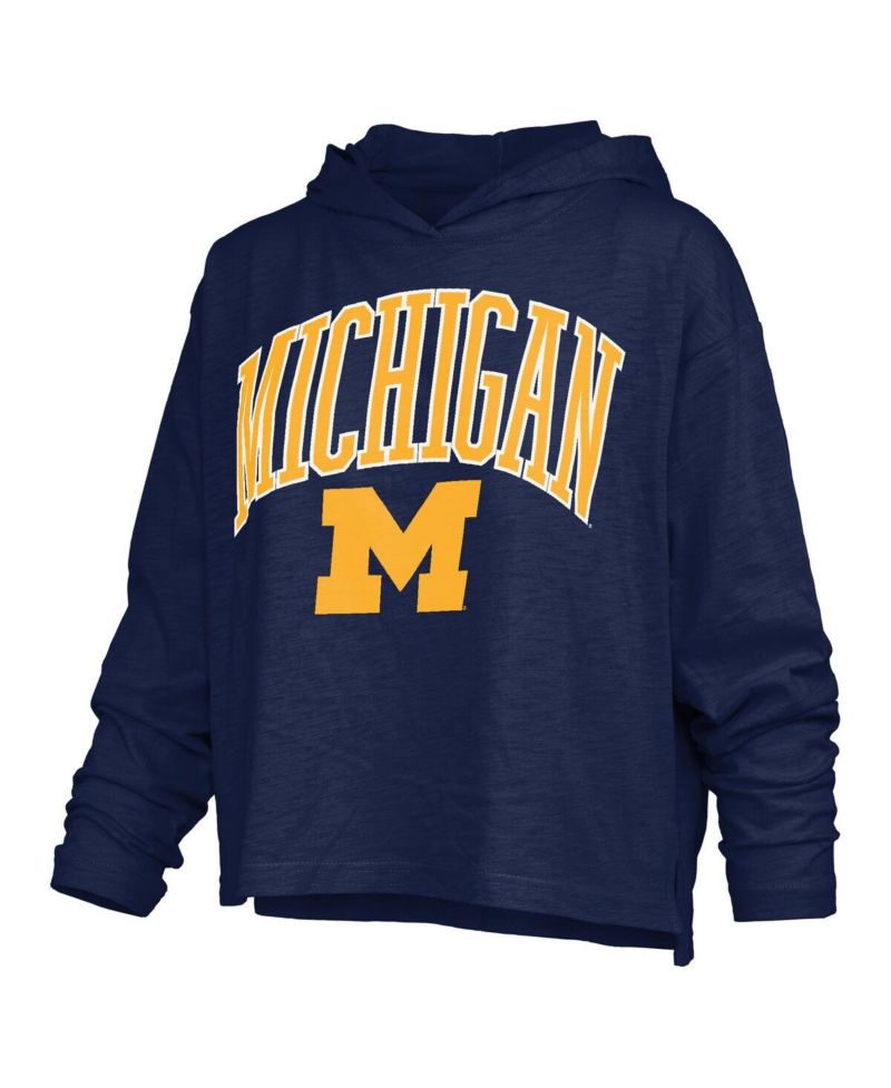 Women's Navy Michigan Wolverines Nelson Arch Over Logo Long Sleeve Hooded Slub T-Shirt