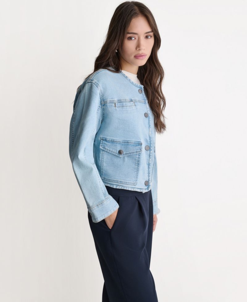 Women's Boxy Crewneck Button-Front Denim Jacket