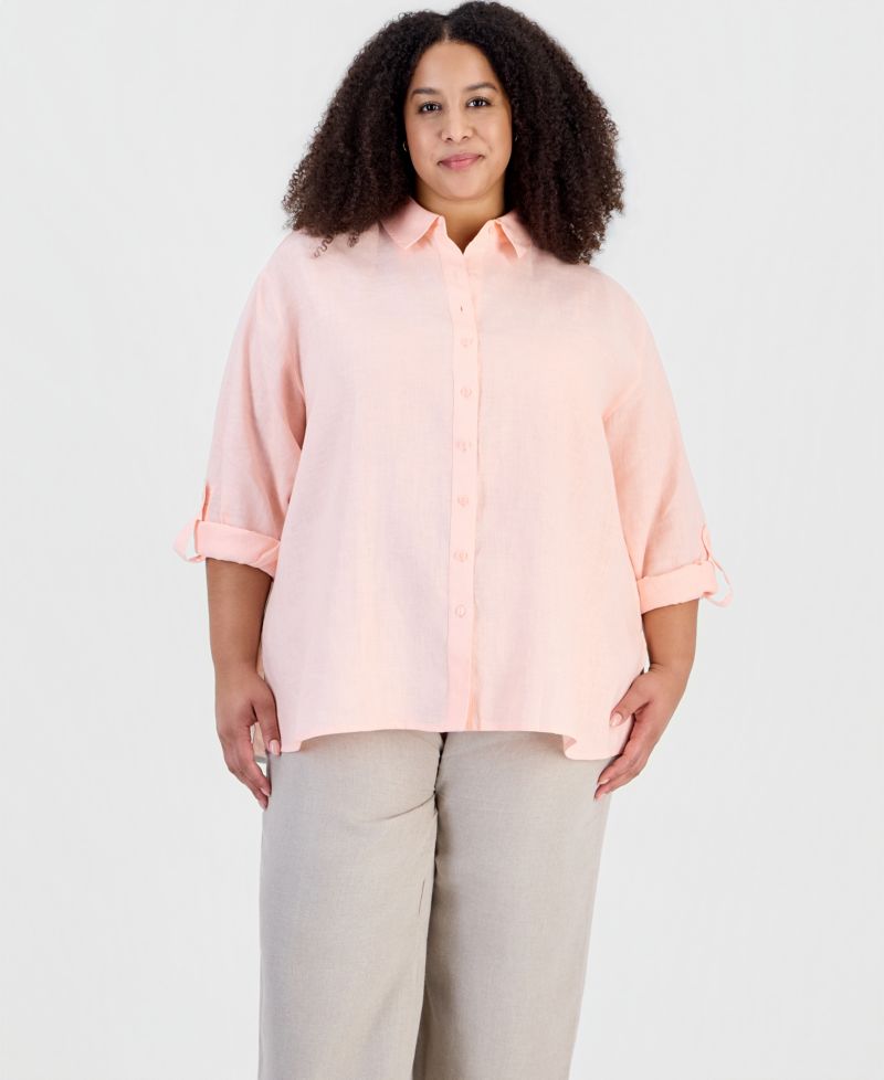 Plus Size Linen Roll-Tab Sleeve Button-Front Tunic