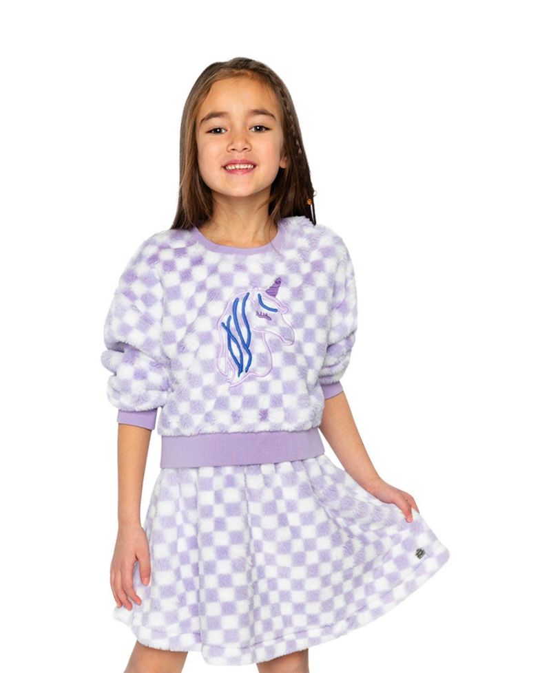 Little and Big Girl 6-12 Faux Fur Top Lilac and Tiles