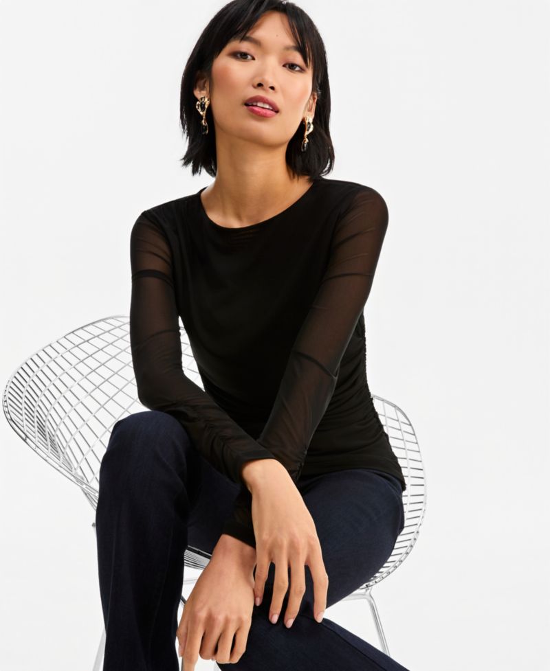 Women's Long-Sleeve Ruched Mesh Blouse