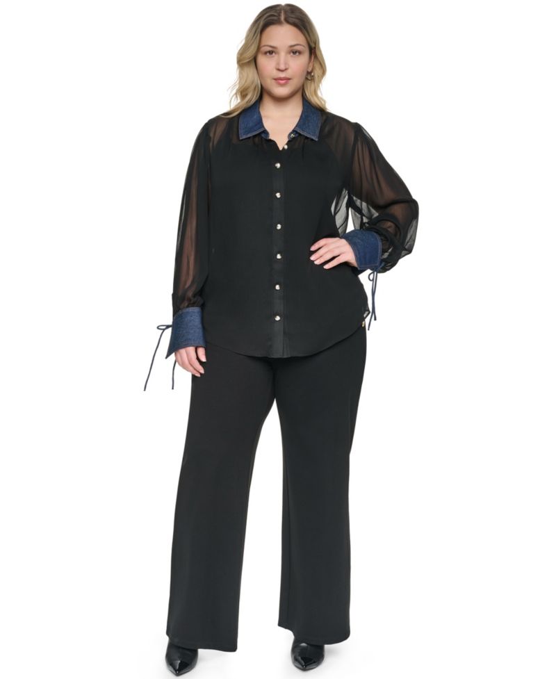 Plus Size Mixed Media Collared Button-Front Top