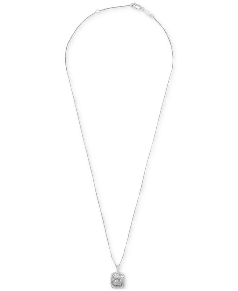 Diamond Round & Baguette Square Halo Cluster Pendant Necklace (1 ct. t.w.) in 14k White Gold, 16" + 2" extender