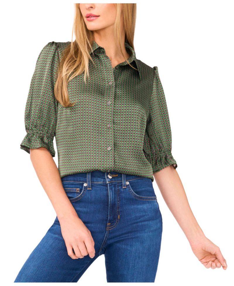 Women's Balloon Short Sleeves Button Down Shirt