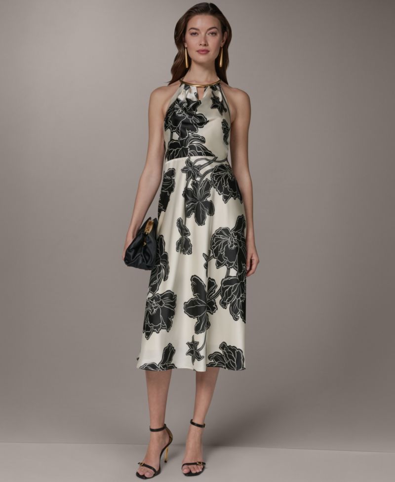 Women's Cowl Neck Halter Floral A-Line Sleeveless Midi Dress