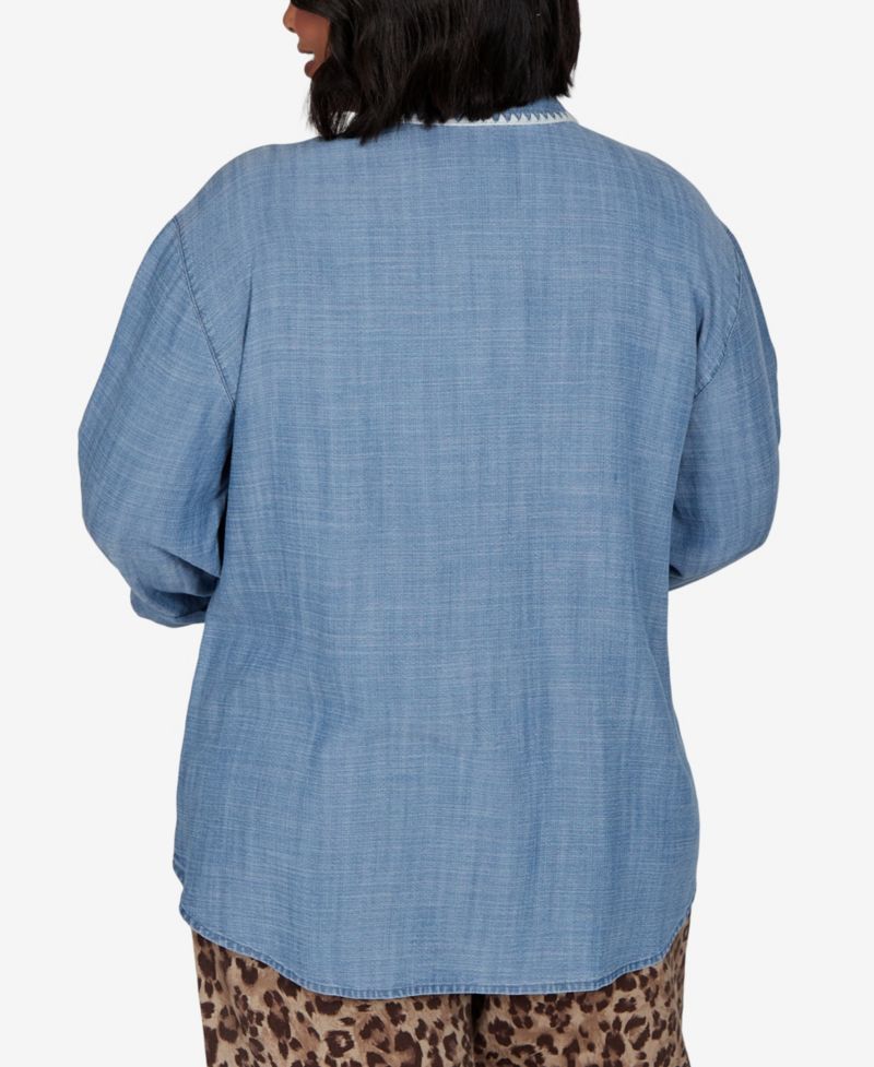 Plus Size Crochet Trim Soft Button-Front Top