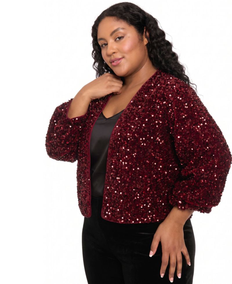 Plus Size Sequin V-Neck 3/4-Sleeve Bomber Jacket