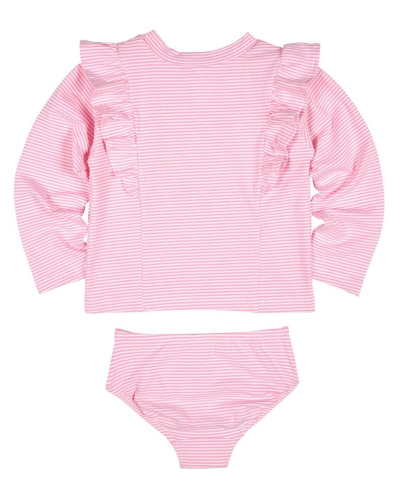 Big Girls Stripe Seersucker Rashguard Swimsuit with Flower