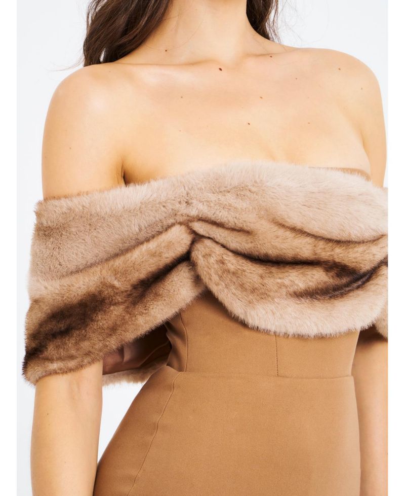 Women Nadira Off Shoulder Faux Fur Trim Mini Dress