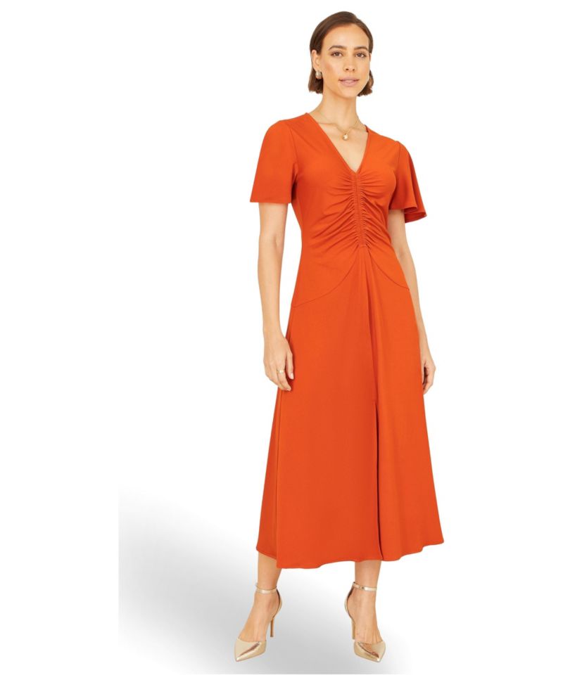 Women's Ruched Front Stretch Midi Dress