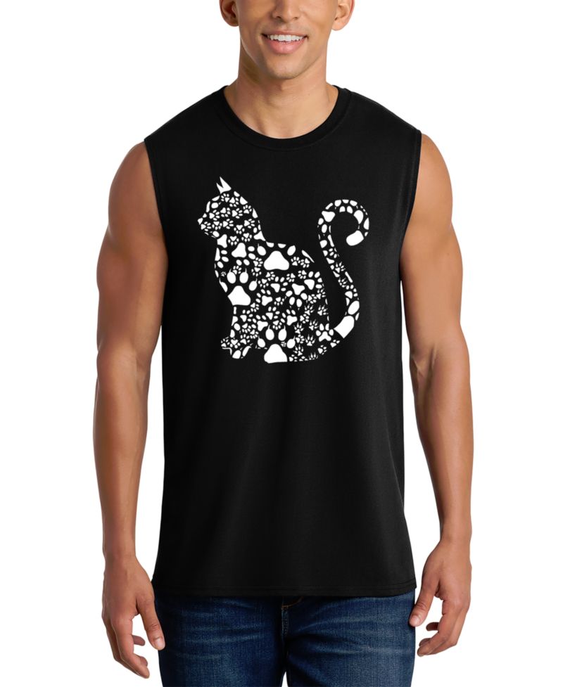 Men's Cat Silhouette Heart Pattern Word Art Graphic Tank Top