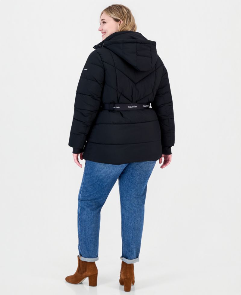 Plus Size Hooded Belted Thumbhole Puffer Coat