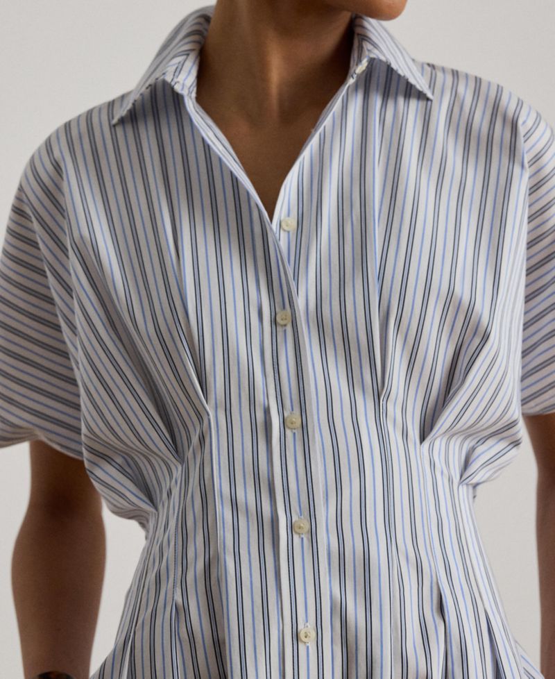 Women's Point Collar Striped Pleated Broadcloth Shirt-Dress