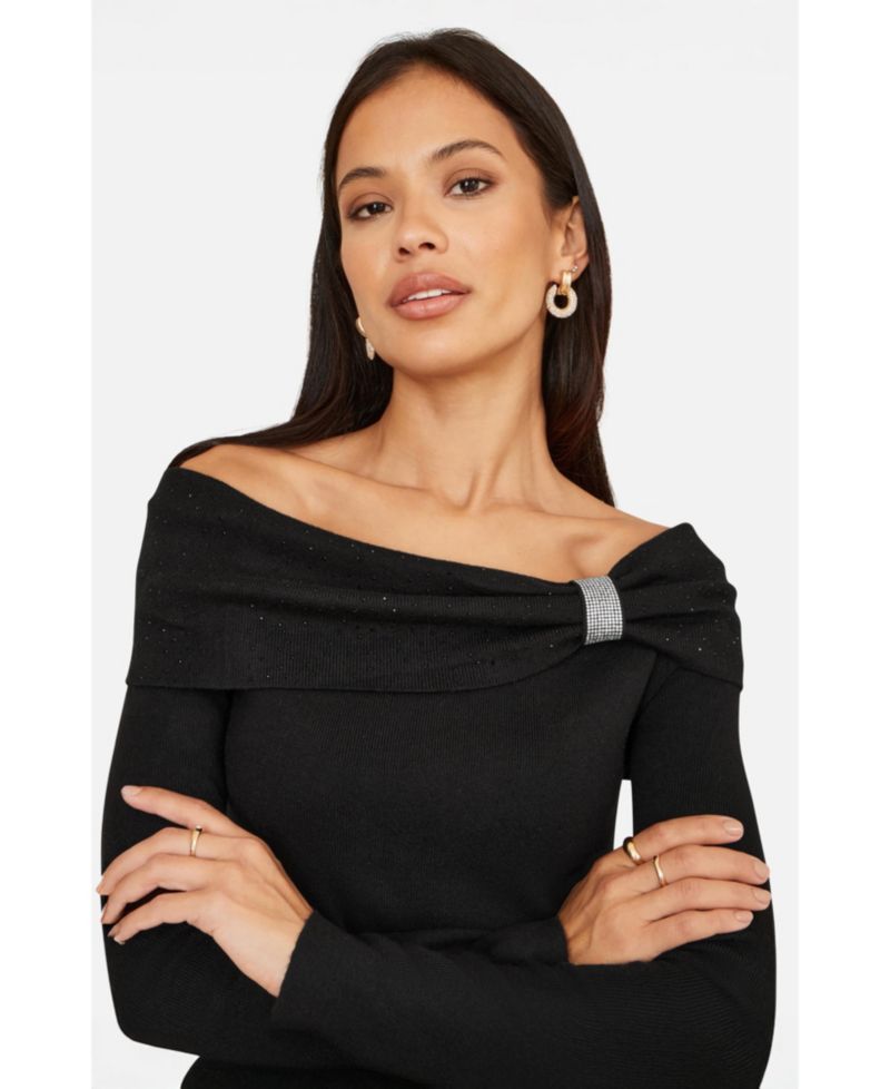 Women's Rhinestone Diamante Bardot Neck Jumper