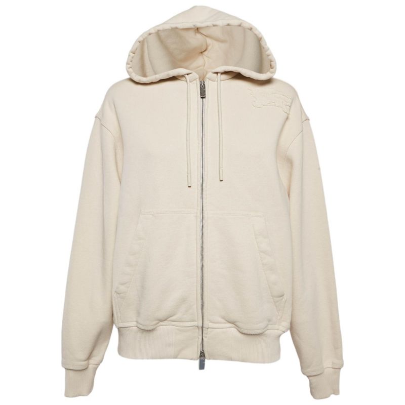 Women's Beige Logo Applique Cotton Knit Zip-Up Hoodie