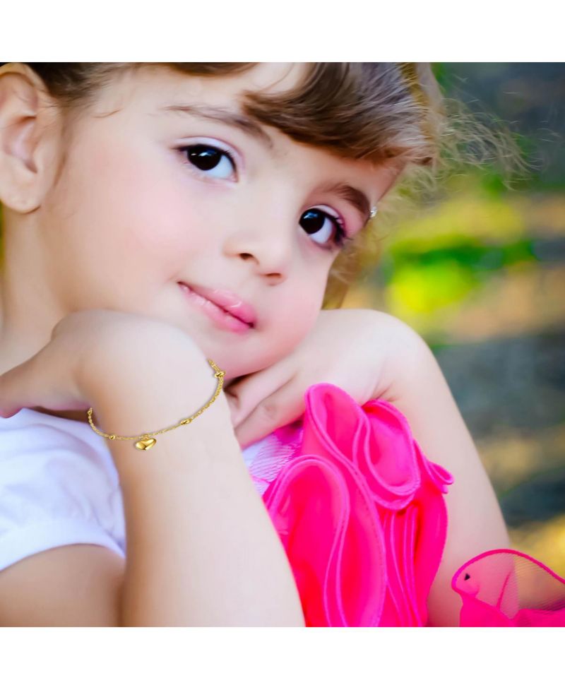 Children's 14k Yellow Gold Plated Heart Charm Station Bead Bracelet